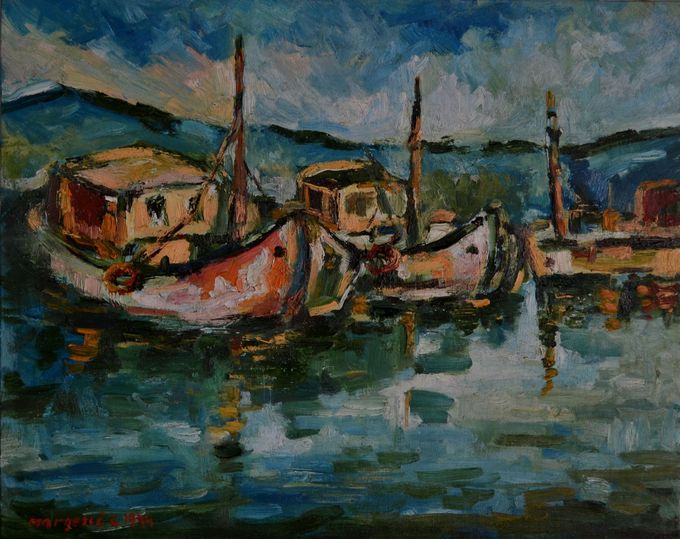 Goran Margetic, Alte Boote (Dalmatien), 1994. Öl auf Leinwand auf Karton kaschiert, 40x50 cm (Foto copyright: freigegeben, Graz,  Privatsammlung Dr. Holasek)